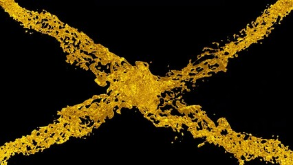 An abstract and dynamic liquid gold splash with swirling tendrils on a transparent background