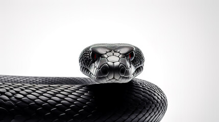 Black dangerously poisonous snake on white background.