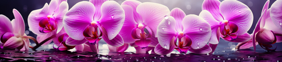 Bunch of pink and white orchid flowers with water droplets.
