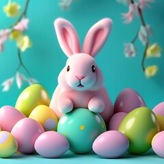Easter bunny, eggs and flowers. illustration in 3D style.