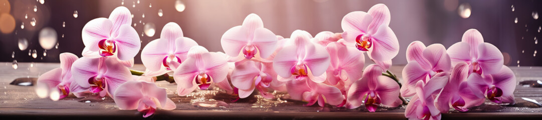 Bunch of pink and white orchid flowers with water droplets.