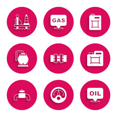 Set Metallic pipes and valve, Motor gas gauge, Word oil, Canister for motor, Oil tank storage, and platform in the sea icon. Vector