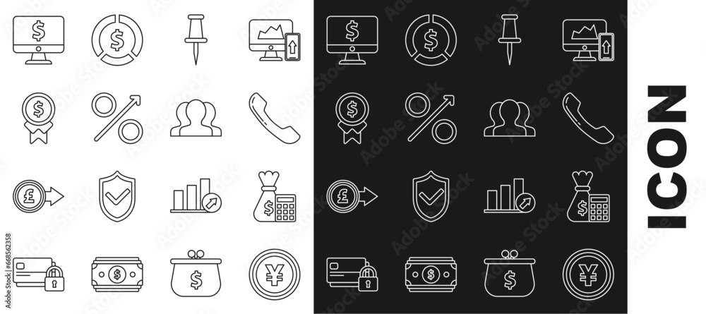 Sticker Set line Coin money with Yen symbol, Calculator bag, Telephone handset, Push pin, Percent up arrow, Reward for good work, Computer monitor dollar and Users group icon. Vector