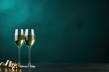 a minimalistic  sylvester green background two champagne glasses, with empty copy space,  - obrazy, fototapety, plakaty
