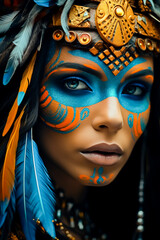 Close up of woman with blue and orange makeup.
