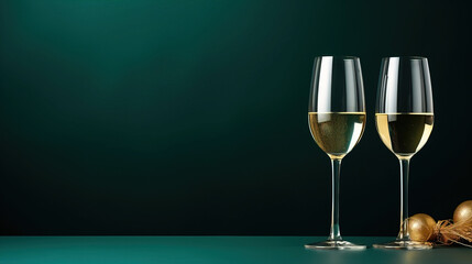 a minimalistic  sylvester green background two champagne glasses, with empty copy space, 