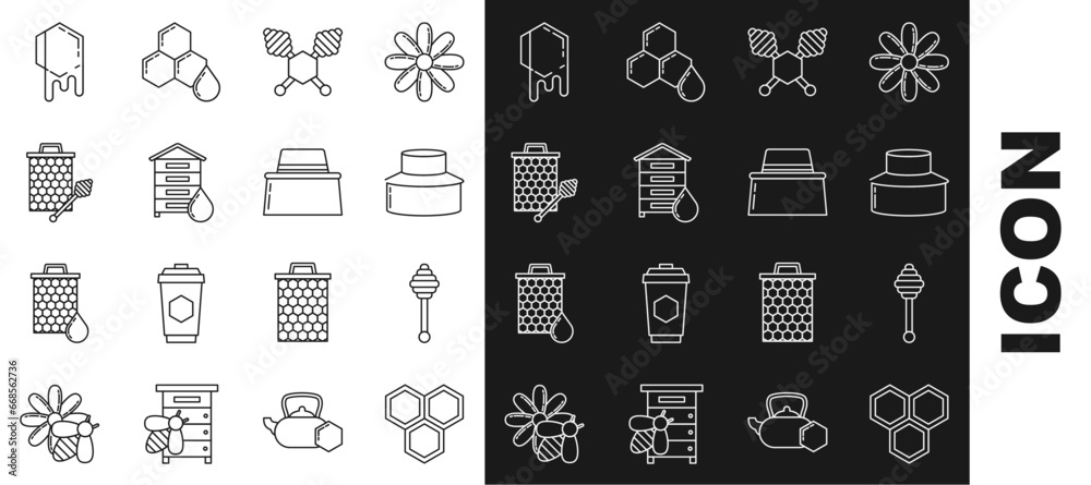 Poster Set line Honeycomb, dipper stick, Beekeeper with protect hat, Hive for bees, honey stickicon, and icon. Vector