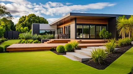 Foto op Plexiglas Contemporary lawn turf with landscaping in front yard. © leo_nik