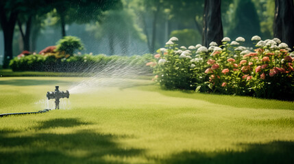 Automatic watering of the green lawn. The nozzle sprays water onto the lawn. Automatic lawn care.