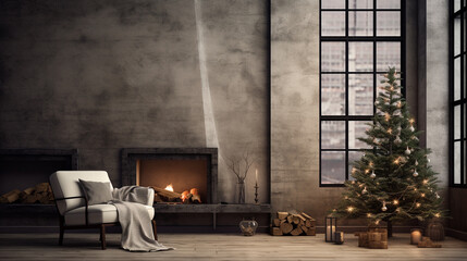 Christmas in a warm studio decorated with cement walls and a fireplace