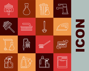 Set line Washer, Bar of soap with foam, Electric iron, Trash can and garbage bag, Brush for cleaning, Squeegee, scraper, wiper, Vacuum cleaner and Toilet brush icon. Vector