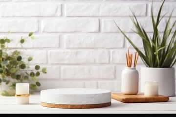 Fototapeta na wymiar Empty marble podium on bathroom table before white brick wall. generative ai.