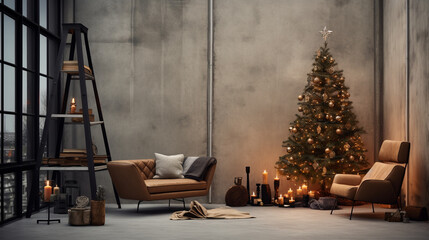 Christmas in a warm studio decorated with cement walls and a fireplace