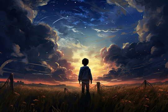  A Portrait Of A Boy In A Field Looking Up At The Sun