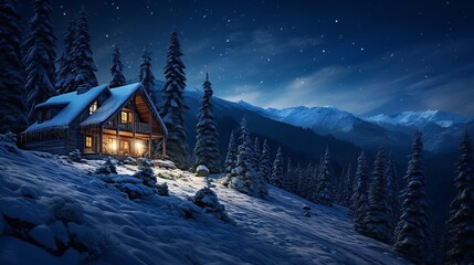 Fototapeta premium Enchanted Winter Cabin Under Starry Sky