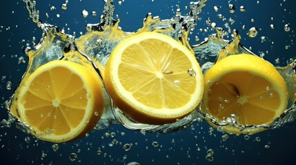 Lemon and water splash on blue background. Food concept with a copy space.