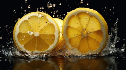 Slices of lemon falling into water with splash on black background. Food concept with a copy space.