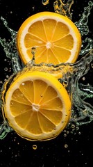 lemon and orange in water splash isolated on black background with clipping path. Food concept with a copy space.