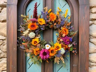Fototapeta na wymiar Floral door wreath made of colorful dry summer flowers and plants.