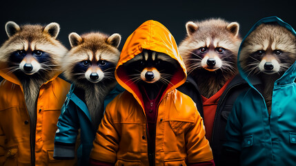 Group of raccoons wearing of colored coats and hoods.