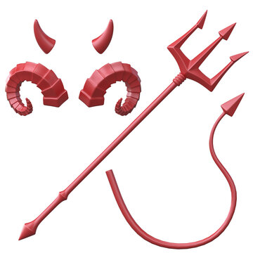 Devil's trident, tail and horns design elements, devil costume 3d rendering