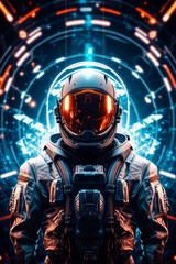 Man in space suit standing in front of spaceship.