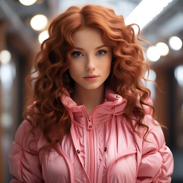 ginger woman with curly hair in light pink jacket