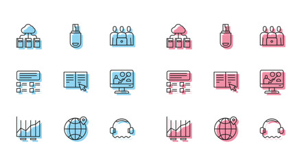 Set line Pie chart infographic, Location on the globe, Cloud or online library, Headphones, Online book, education, quiz, test, survey and USB flash drive icon. Vector