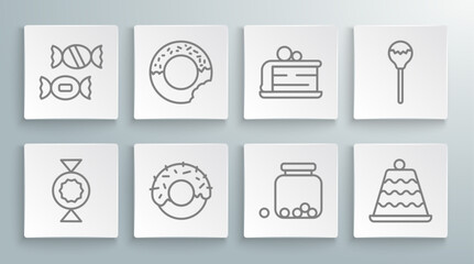 Set line Candy, Donut, Glass jar with candies inside, Cake, Piece of cake, Lollipop and icon. Vector