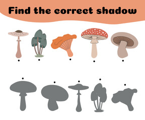 Find the correct shadows of the mushrooms. Children's educational game. Mushrooms set the game to find the right shade. Vector illustration