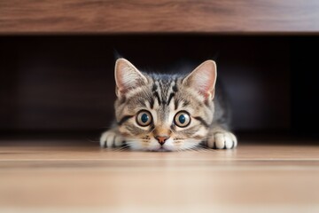 Playful fluffy kitten crawling under a couch in living room.