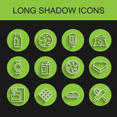 Set line Electric mixer, Waffle, Bottle with milk, Homemade pie, Kitchen whisk and rolling pin, Paper package for, Candy heart shaped box and Donut icon. Vector