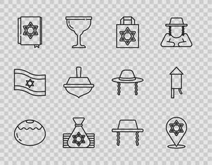 Set line Jewish sweet bakery, Star of David, Shopping bag with star david, money, torah book, Hanukkah dreidel, Orthodox jewish hat and Firework rocket icon. Vector