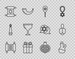 Set line Torah scroll, Bottle of olive oil, Balloon with star david, Gift box, Jewish goblet, Pomegranate and Hanukkah dreidel icon. Vector