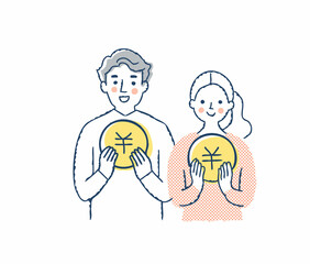 笑顔で¥のコインを持っている若いカップル