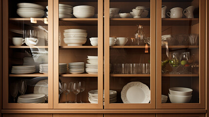 Fototapeta na wymiar Light wooden cabinet full of dishes