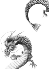 水墨画風玉を持つ龍