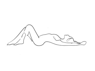 A nude woman’s body is drawn in one line style. Printable art.