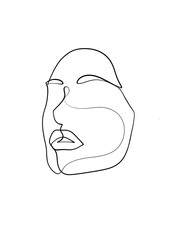 A Portrait of a woman is drawn in one line style. Face expression. Printable art.