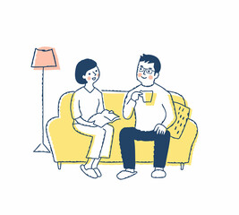 ソファーに座ってくつろいでいるカップル