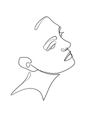 A Portrait of a woman is drawn in one line style. Face expression. Printable art.