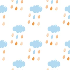 Tuinposter Cute kids seamless pattern with childish simple clouds rain. Pastel vector illustration for baby textiles, prints and decor. © kat