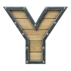 Font made of wooden board with metal frame and rivets, 3d rendering letter Y