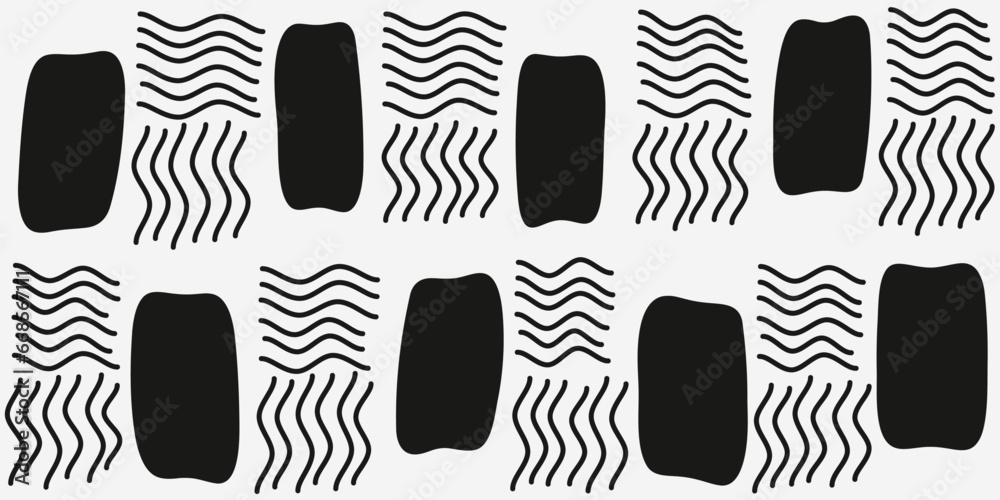 Poster Black rectangles and wavy lines. Vector pattern of identical alternating shapes.