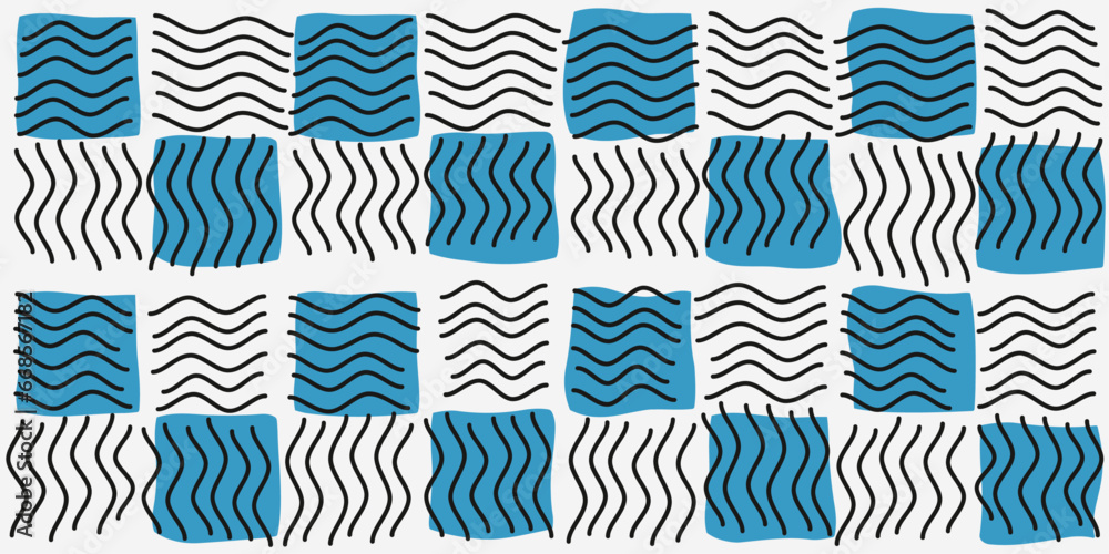 Poster Blue and white checkerboard pattern with wavy lines. Vector seamless pattern of identical checkerboard tiles.