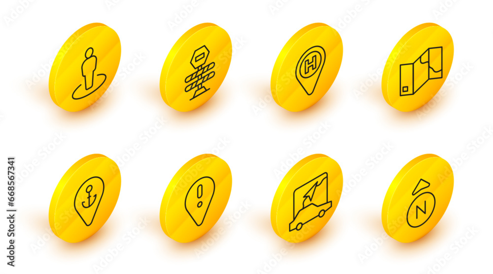 Sticker Set line Compass, City map navigation, Location with exclamation mark, anchor, Folded, Helicopter landing pad, Road barrier and person icon. Vector