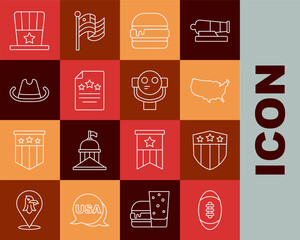 Set line American Football ball, Shield with stars, USA map, Burger, Declaration of independence, Western cowboy hat, Patriotic top and Tourist binoculars icon. Vector