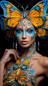 Bright makeup of a young woman in the form of colorful butterflies.