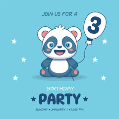 Cute baby boy panda. Birthday invitation for 3 year. Vector illustration