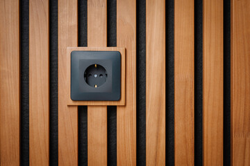 Black outlet plug on the wooden wall. Socket and European Power in the New Flat. Acoustic fluted...